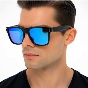Square Sunglasses Men Blue Mirrored Lens Fashion Shades Light Weight Trendy New